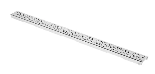 Edelstahlrost mit perforierter Oberfläche, hergestellt von TECE. Das Produkt hat eine lange, schlanke Form und wird zur Entwässerung in Duschen oder ähnlichen Anwendungen verwendet.